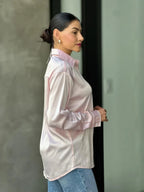 Rhinestone Diamond Lined Button Down Satin Blouse | Mixtshop LLC