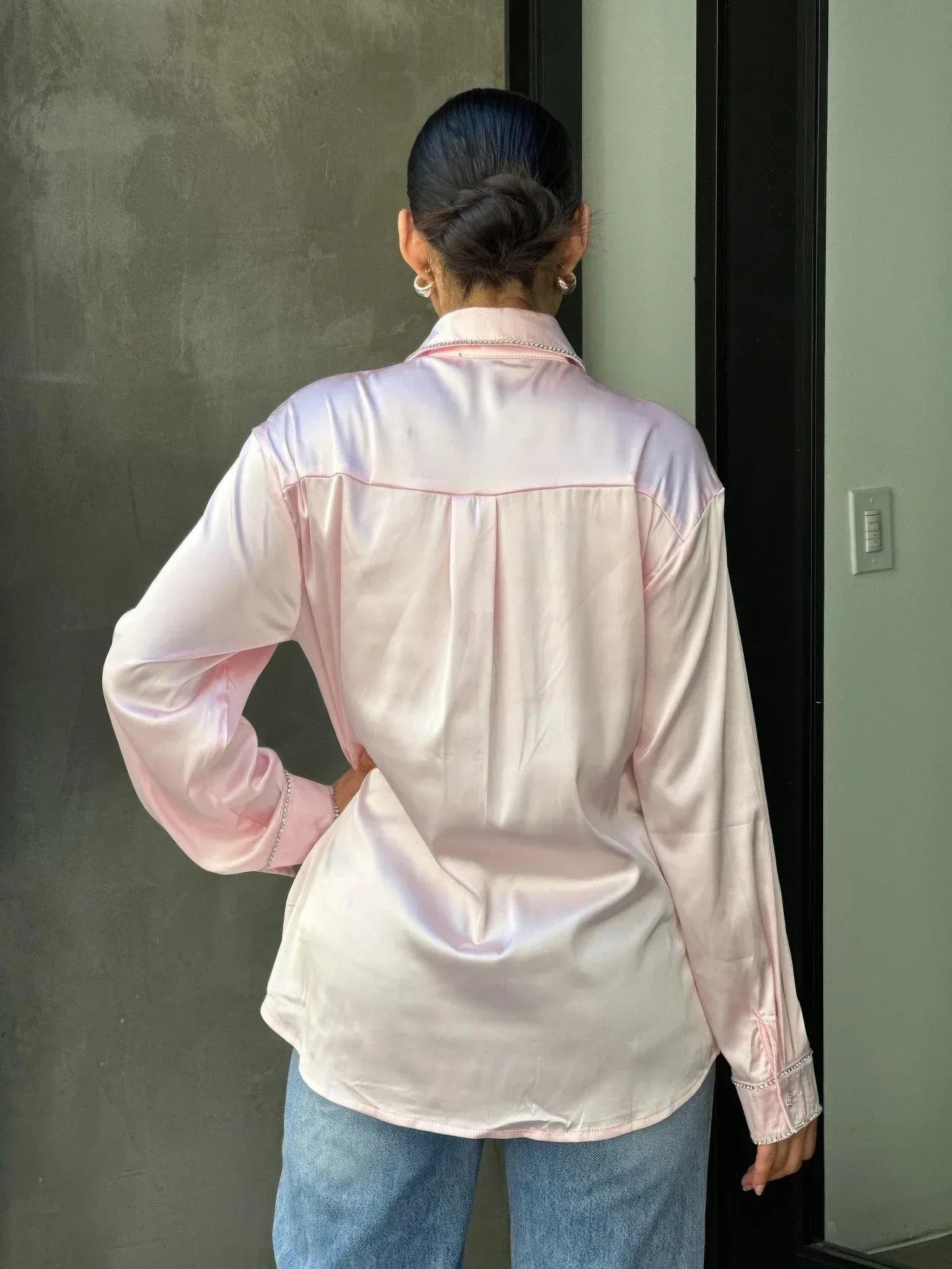 Rhinestone Diamond Lined Button Down Satin Blouse | Mixtshop LLC
