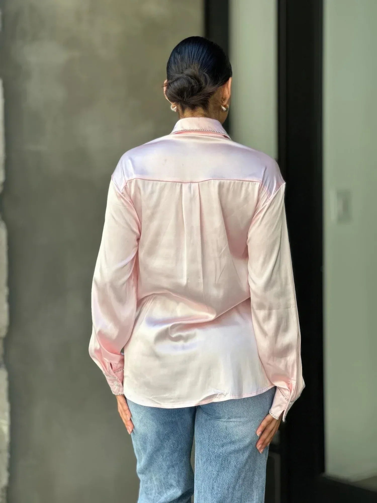 Rhinestone Diamond Lined Button Down Satin Blouse | Mixtshop LLC