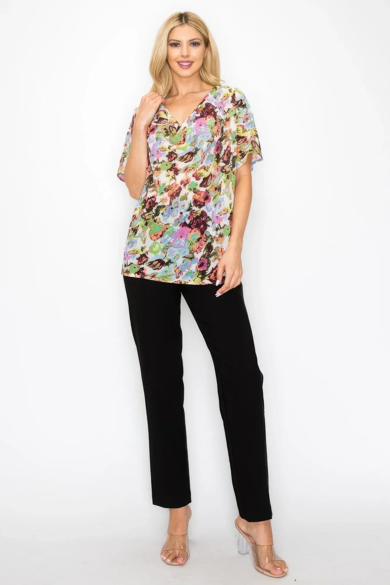 Sheer Neon Floral Cowl Neck Whimsgoth Relaxed Top | Mixtshop LLC