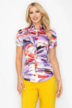 Belted Short Sleeve Snap Button Watercolor Blouse | Mixtshop LLC