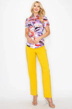 Belted Short Sleeve Snap Button Watercolor Blouse | Mixtshop LLC