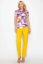 Belted Short Sleeve Snap Button Watercolor Blouse | Mixtshop LLC