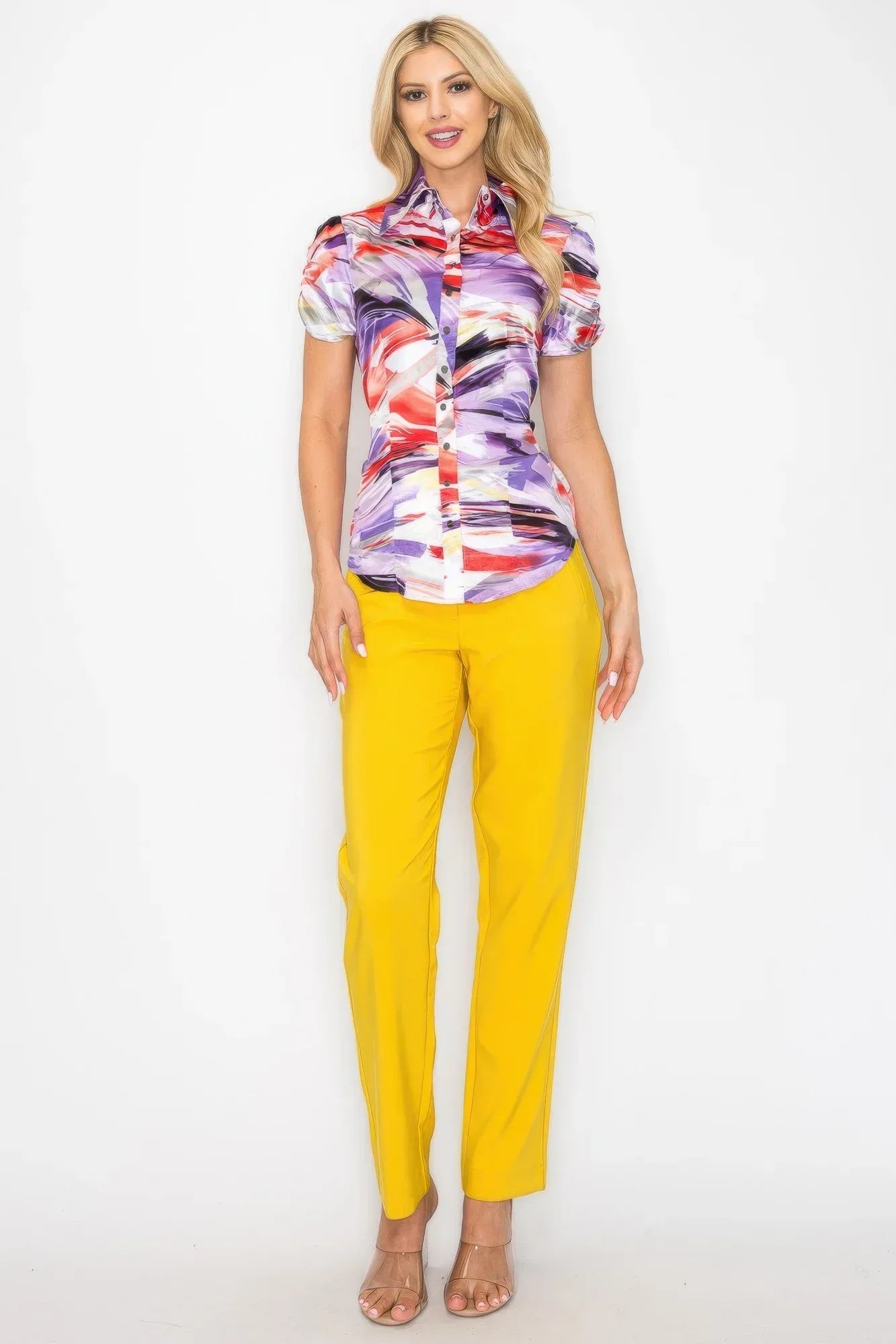 Belted Short Sleeve Snap Button Watercolor Blouse | Mixtshop LLC