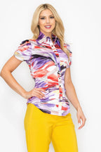 Belted Short Sleeve Snap Button Watercolor Blouse | Mixtshop LLC