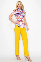 Belted Short Sleeve Snap Button Watercolor Blouse | Mixtshop LLC