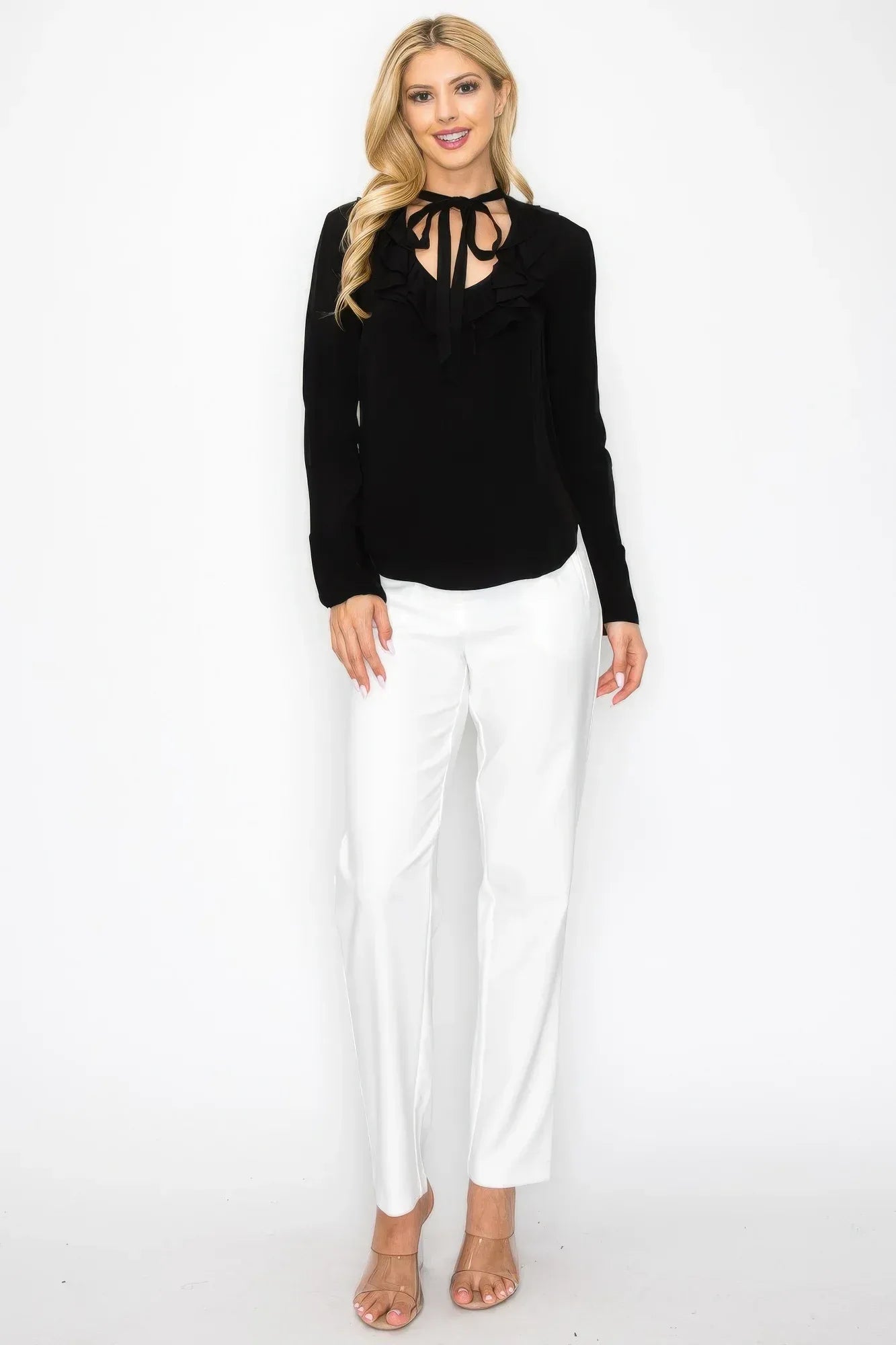 Ruffle Detail Front Tie V-neck Long Sleeve Blouse | Mixtshop LLC