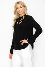 Ruffle Detail Front Tie V-neck Long Sleeve Blouse | Mixtshop LLC
