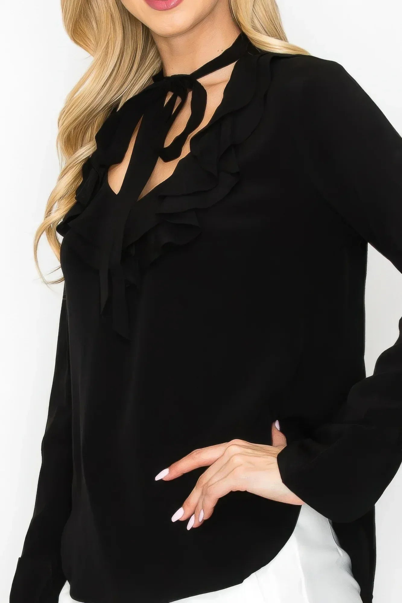 Ruffle Detail Front Tie V-neck Long Sleeve Blouse | Mixtshop LLC