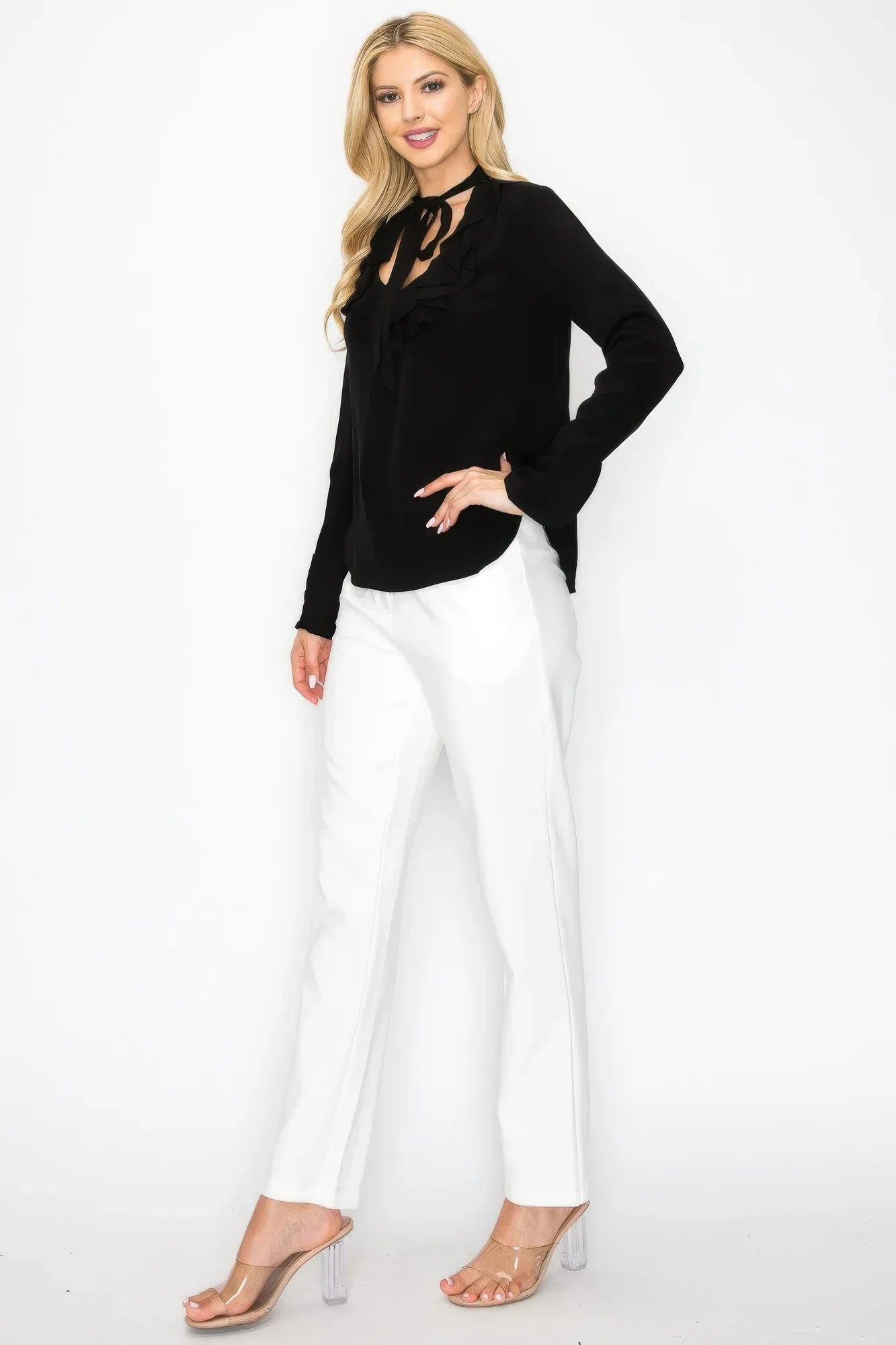 Ruffle Detail Front Tie V-neck Long Sleeve Blouse | Mixtshop LLC