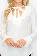 Ruffle Detail Front Tie V-neck Long Sleeve Blouse | Mixtshop LLC