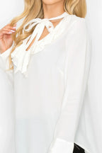 Ruffle Detail Front Tie V-neck Long Sleeve Blouse | Mixtshop LLC