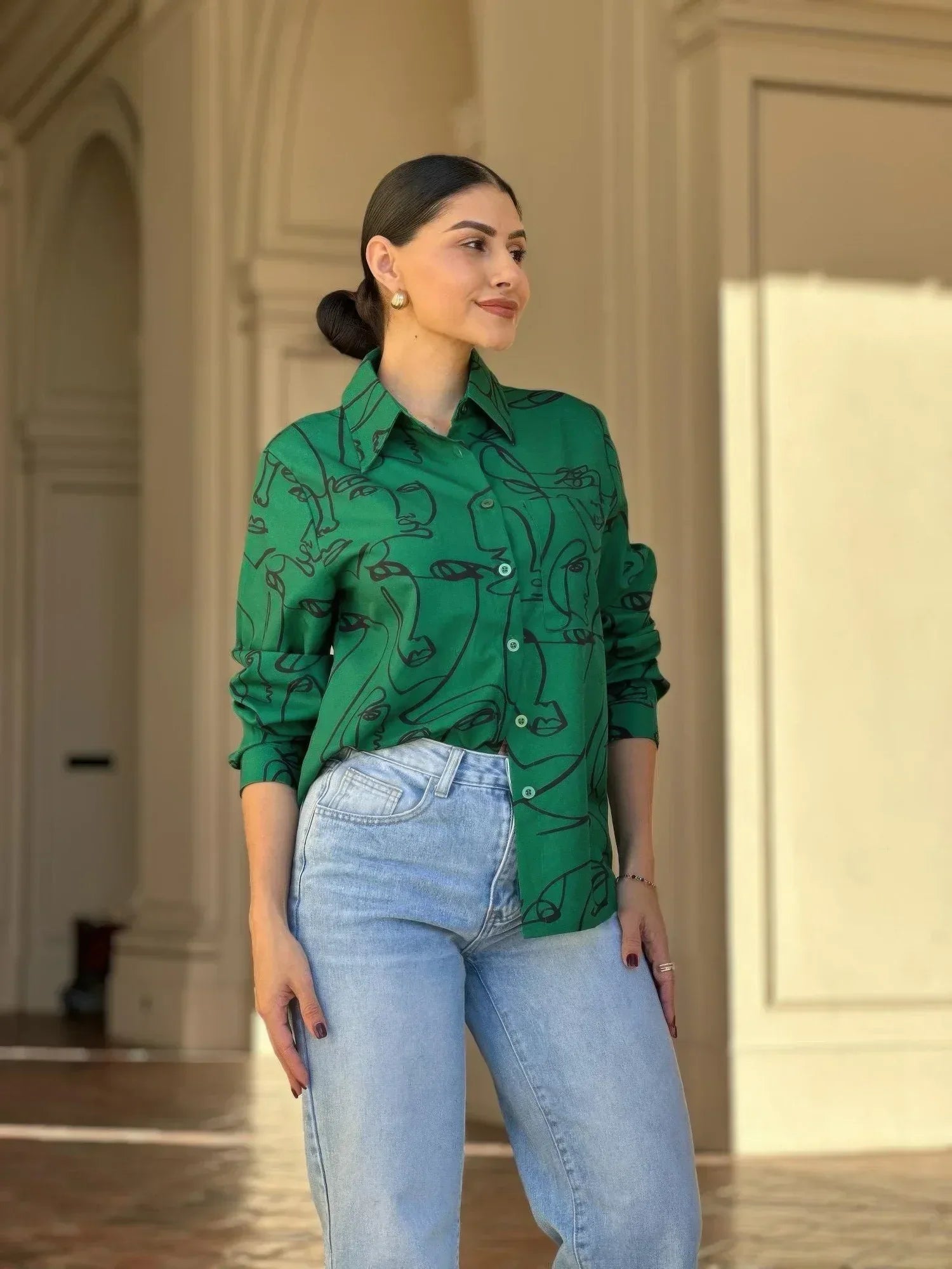 Face Print Long Sleeve Button Down Blouse | Mixtshop LLC Main image