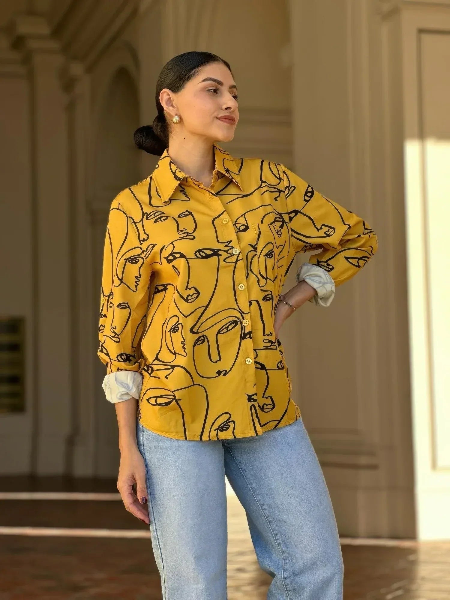 Face Print Long Sleeve Button Down Blouse | Mixtshop LLC Main image