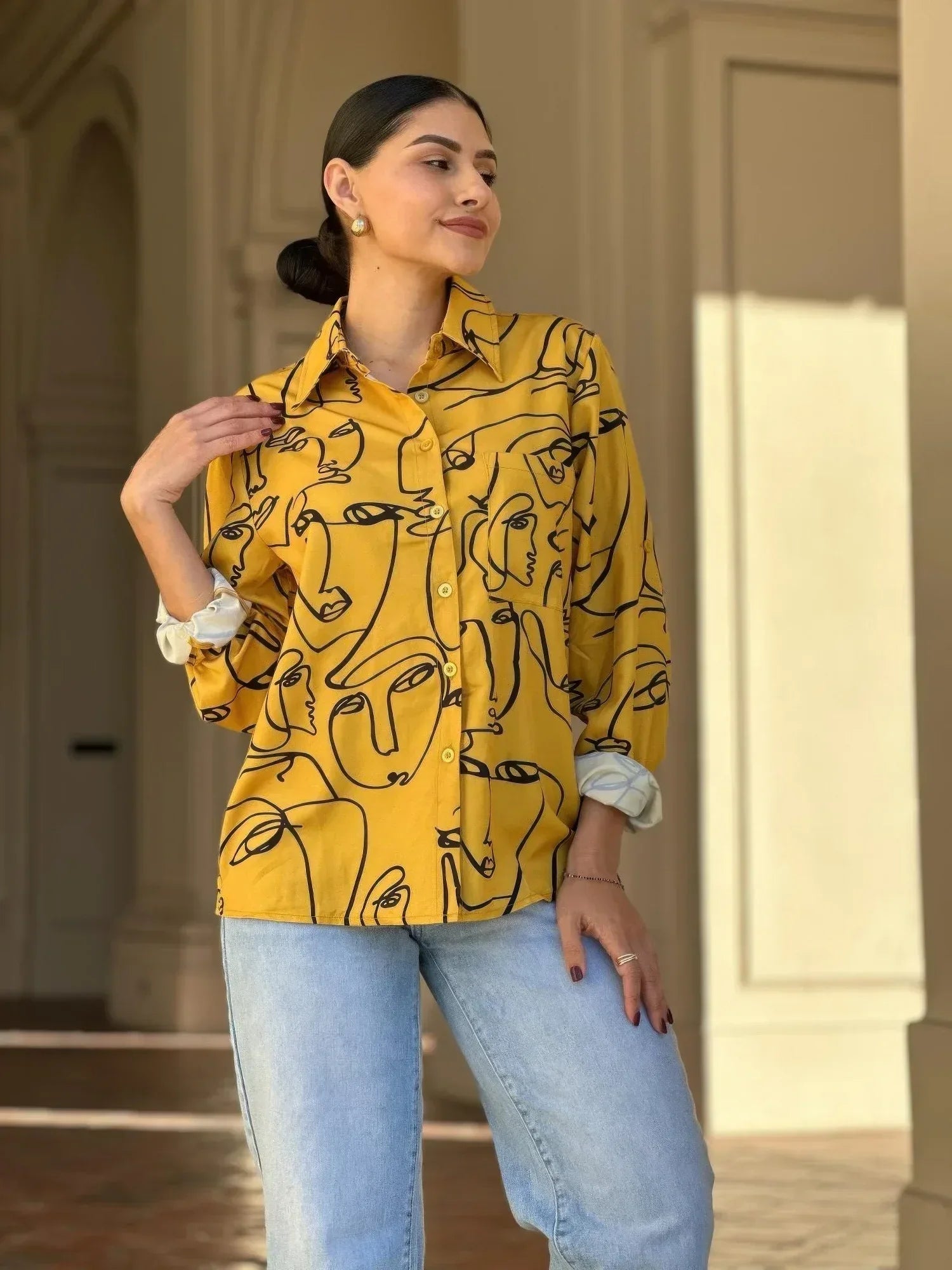 Face Print Long Sleeve Button Down Blouse | Mixtshop LLC