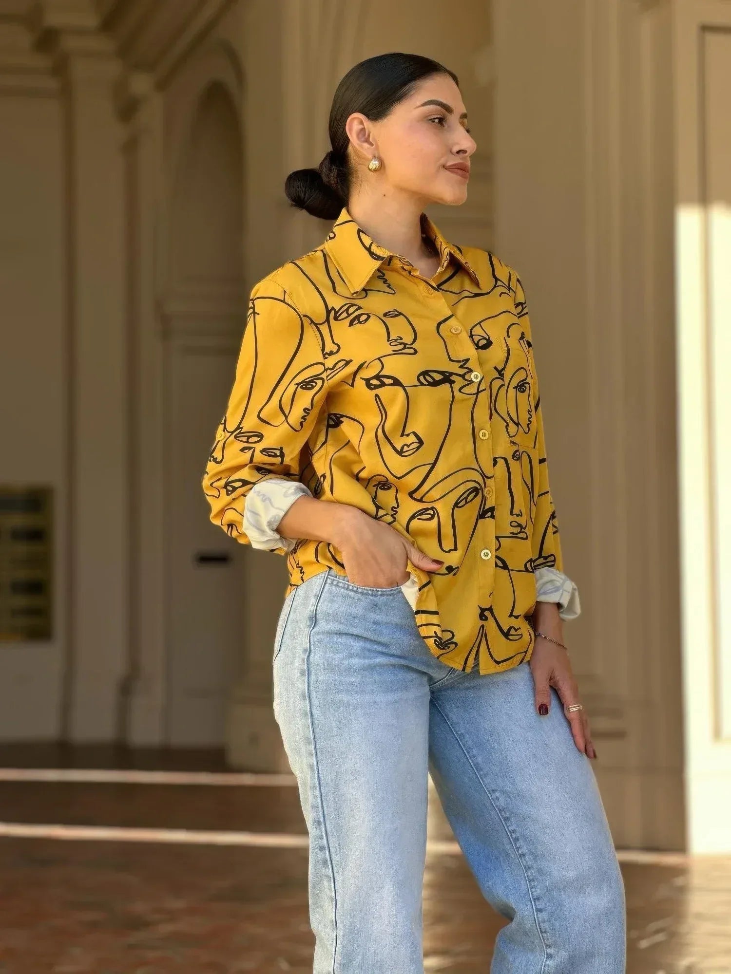 Face Print Long Sleeve Button Down Blouse | Mixtshop LLC