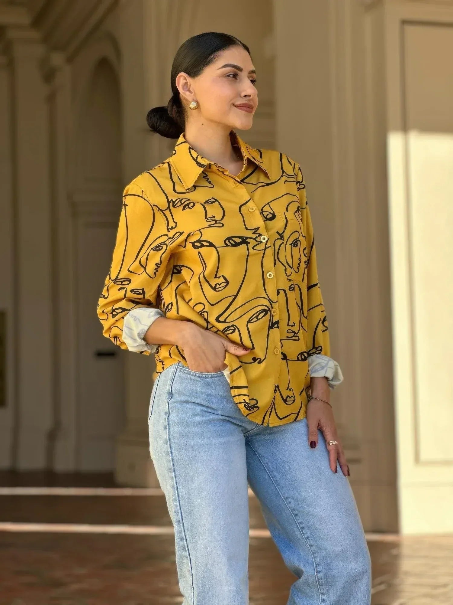 Face Print Long Sleeve Button Down Blouse | Mixtshop LLC