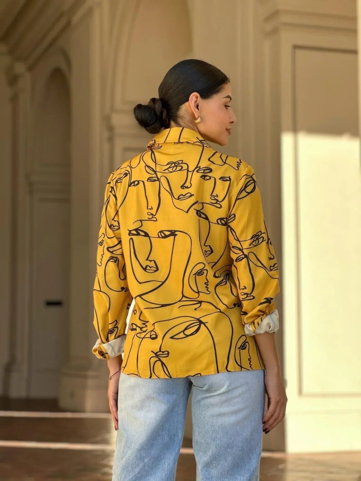 Face Print Long Sleeve Button Down Blouse | Mixtshop LLC