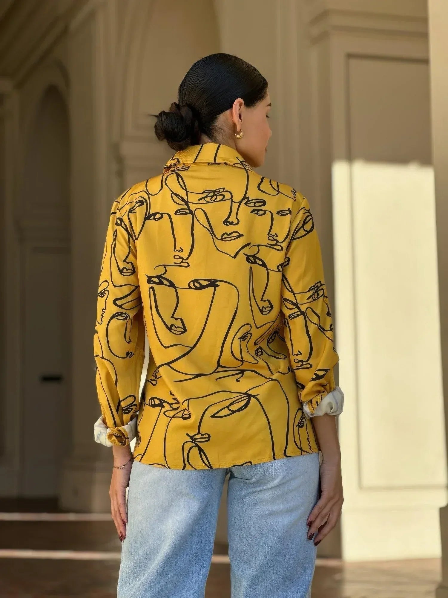 Face Print Long Sleeve Button Down Blouse | Mixtshop LLC
