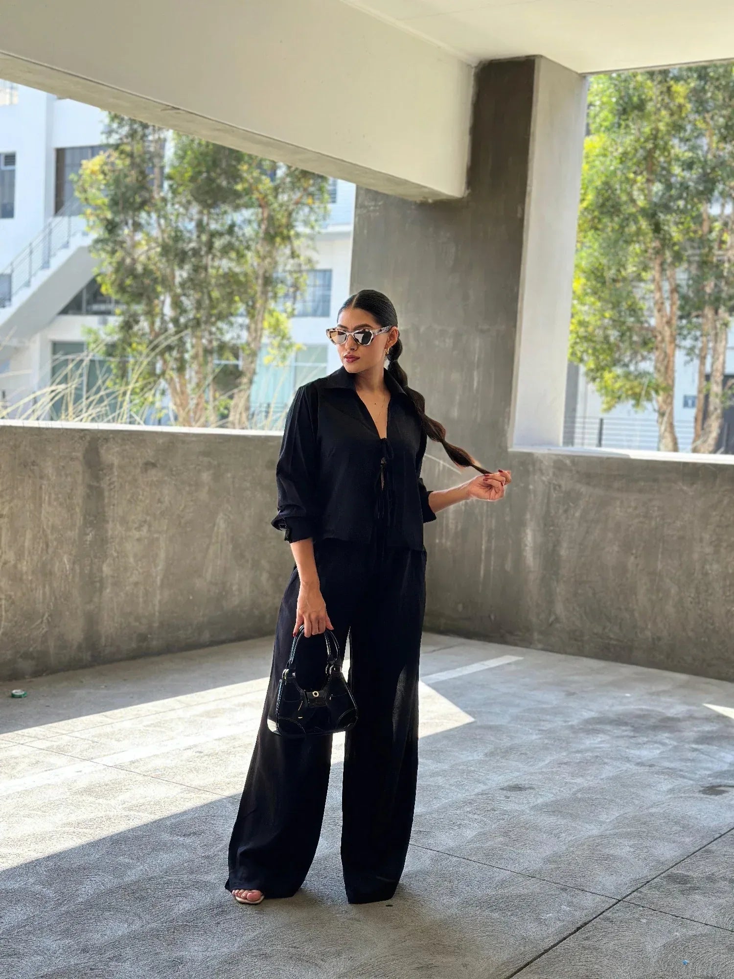 Casual Wide Leg Pants & Long Sleeve Front Tie Set | Mixtshop LLC