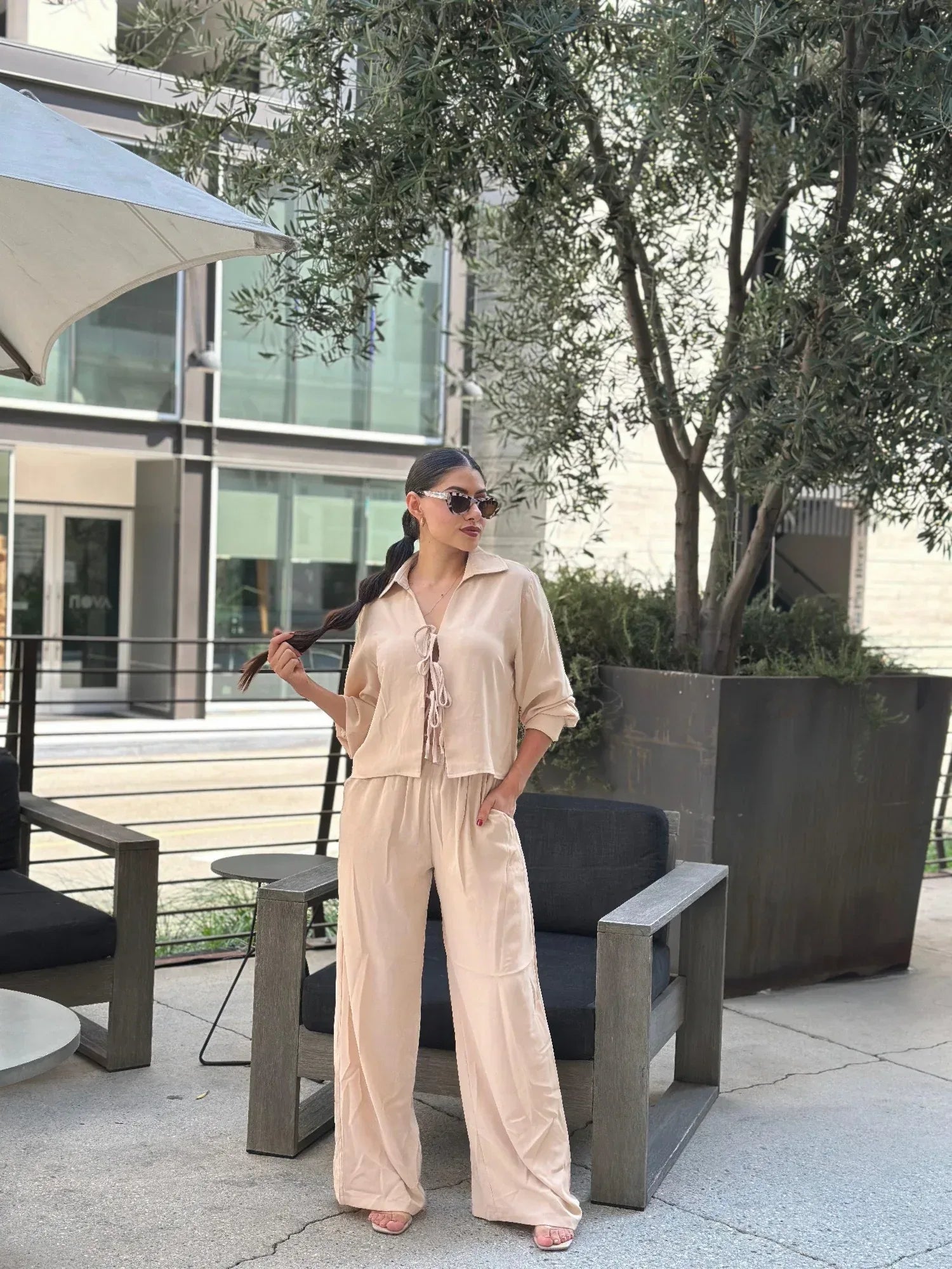 Casual Wide Leg Pants & Long Sleeve Front Tie Set | Mixtshop LLC