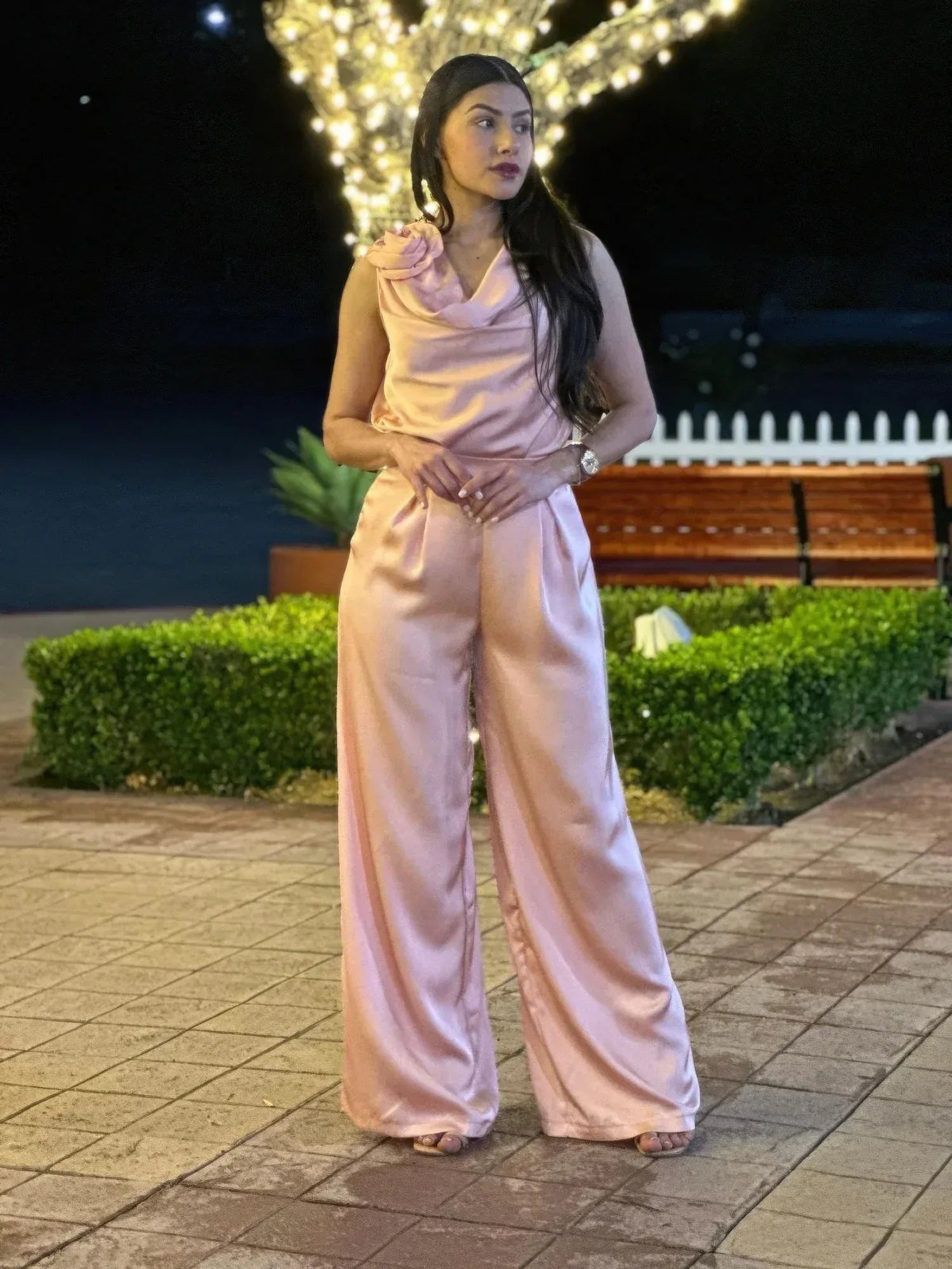 Satin Wide Leg Pants & Flower Sleeveless Top Set | Mixtshop LLC