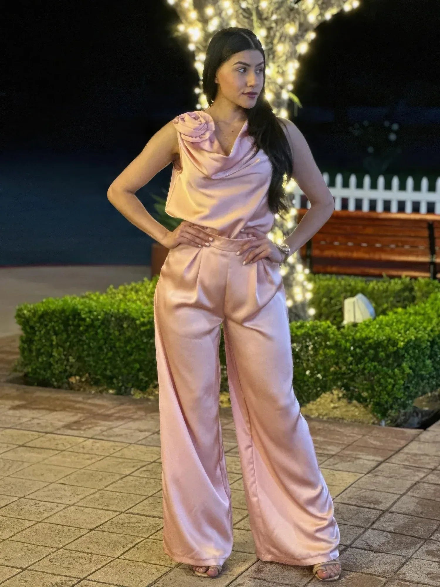 Satin Wide Leg Pants & Flower Sleeveless Top Set | Mixtshop LLC