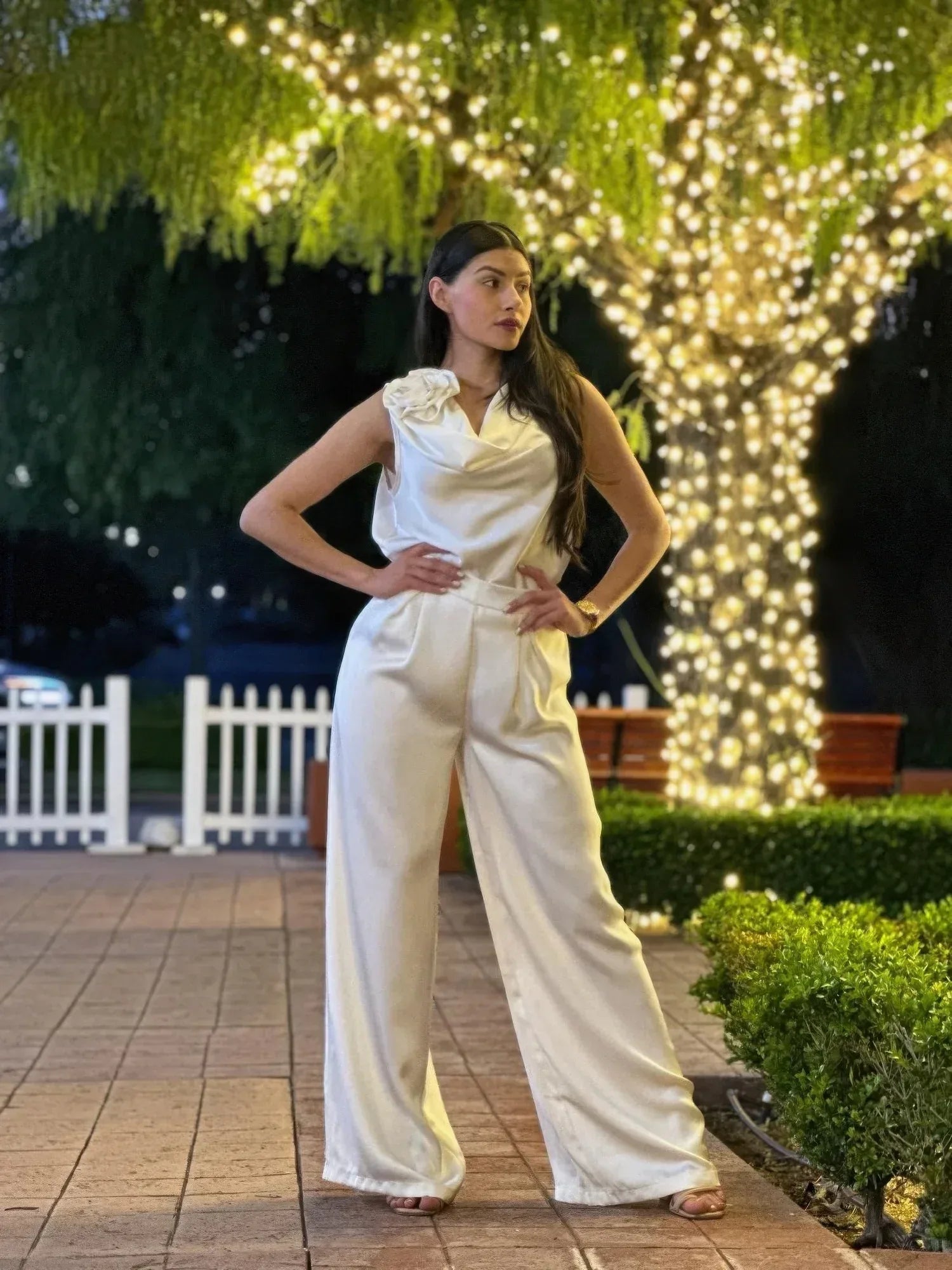Satin Wide Leg Pants & Flower Sleeveless Top Set | Mixtshop LLC