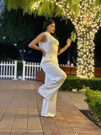 Satin Wide Leg Pants & Flower Sleeveless Top Set | Mixtshop LLC