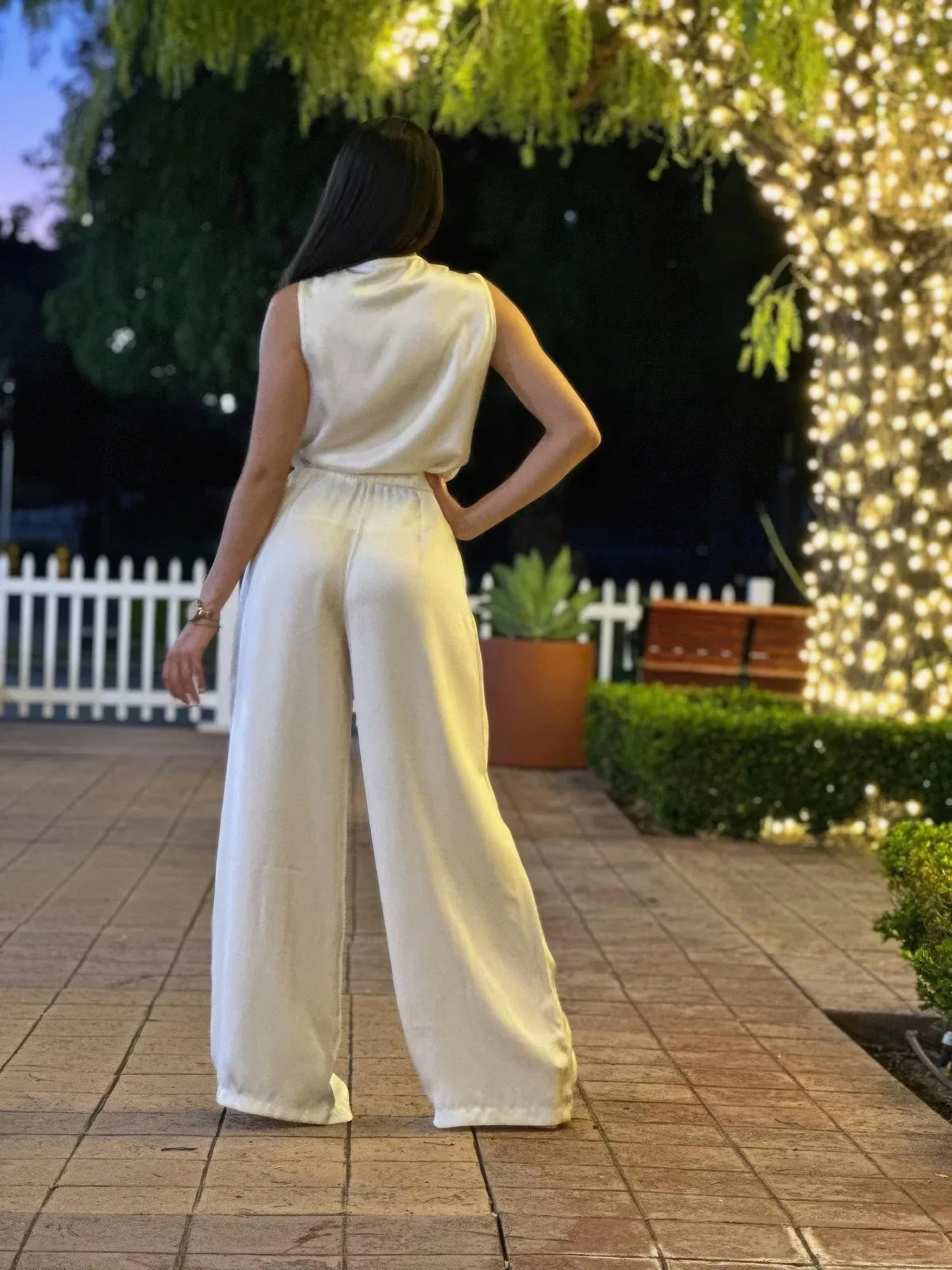 Satin Wide Leg Pants & Flower Sleeveless Top Set | Mixtshop LLC