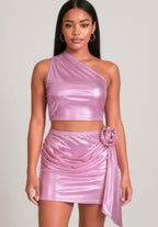Metallic One Shoulder Crop Top Set | Mixtshop LLC