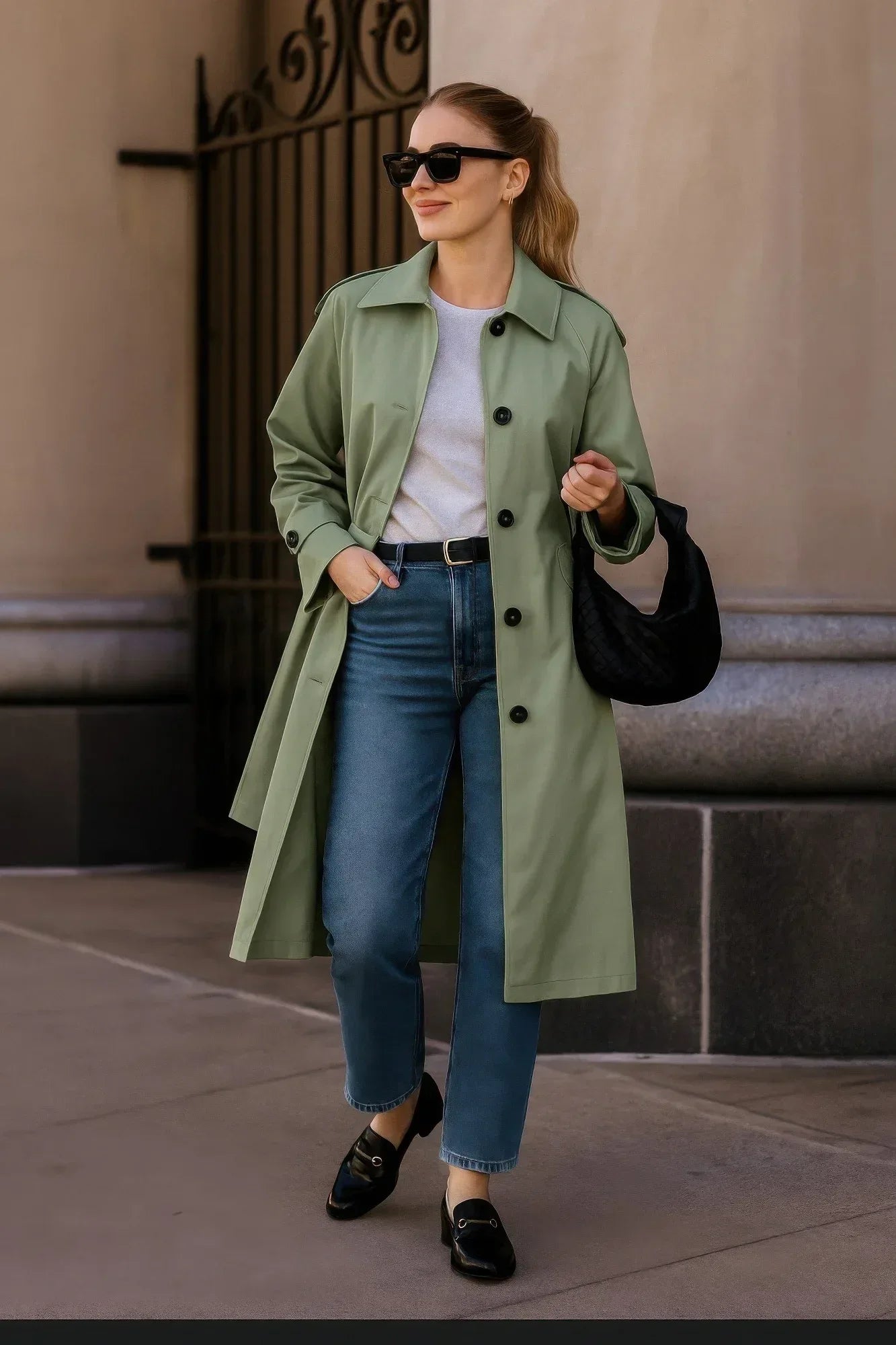 Solid Long Sleeve Trench Coat Woman Lined | Mixtshop LLC Main image