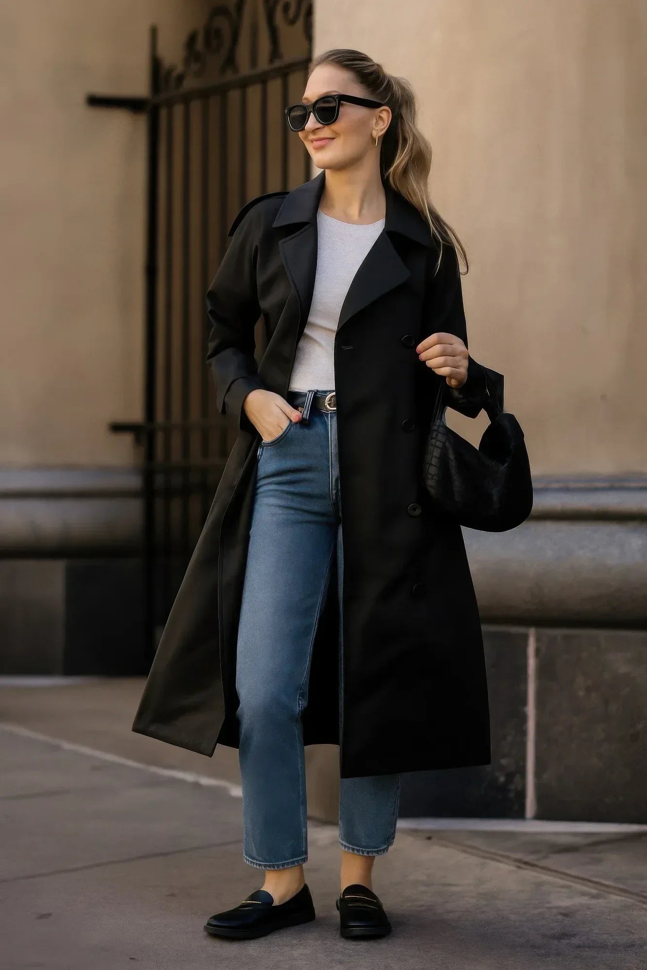 Solid Long Sleeve Trench Coat Woman Lined | Mixtshop LLC Main image