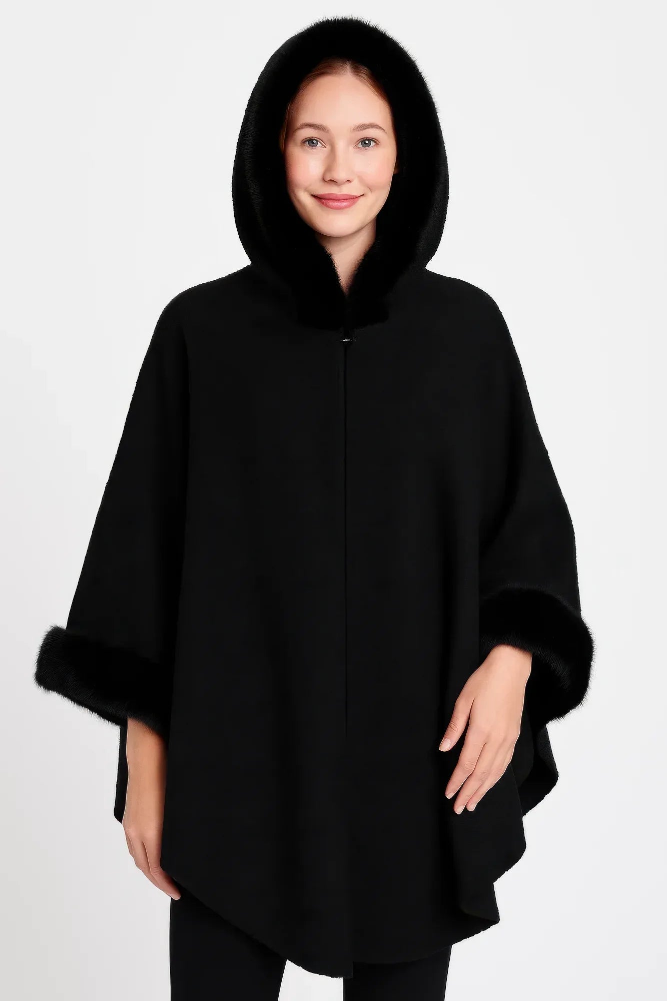 Hooded Faux Fur Trim Cape | Mixtshop LLC