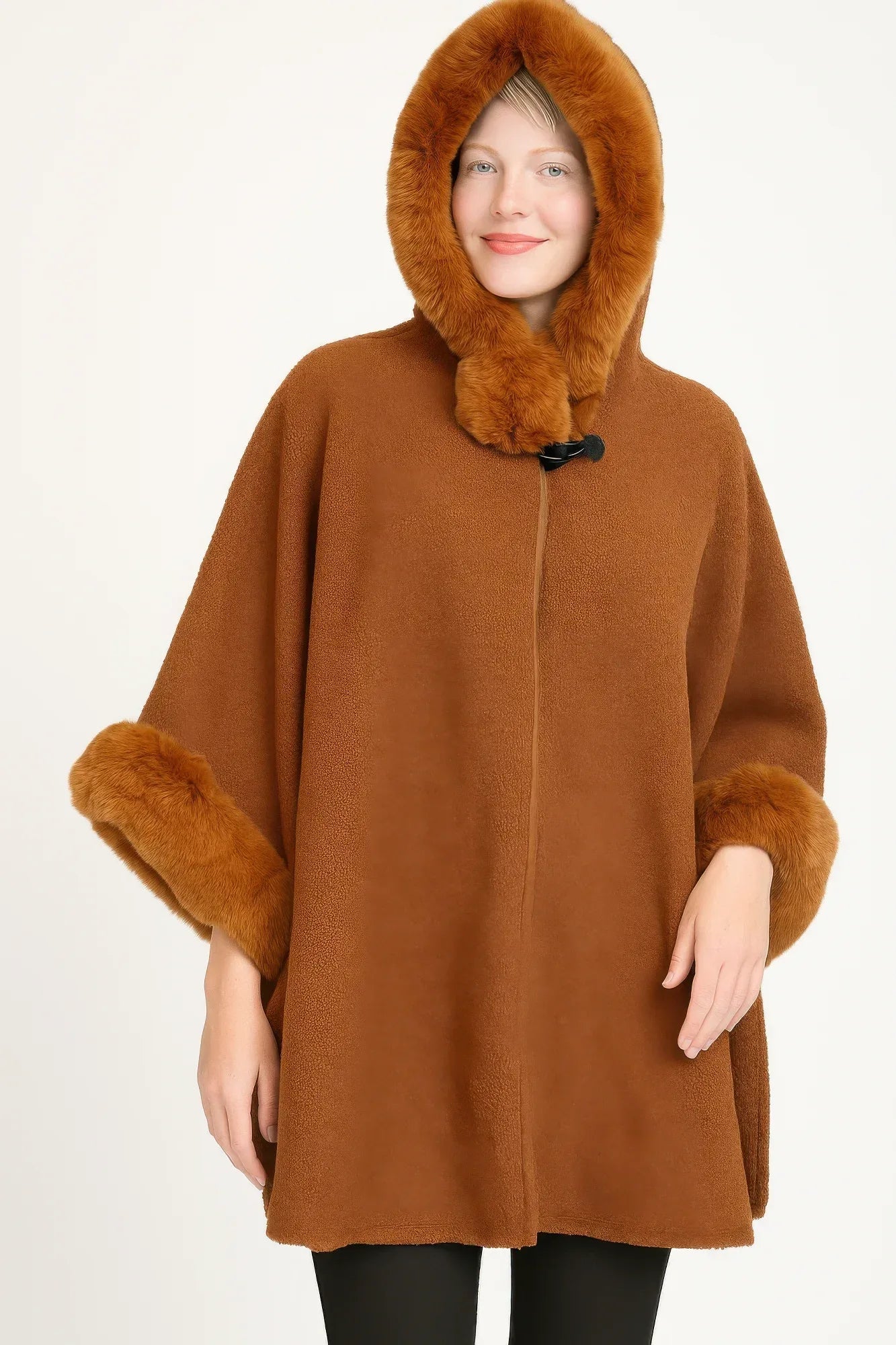 Hooded Faux Fur Trim Cape | Mixtshop LLC