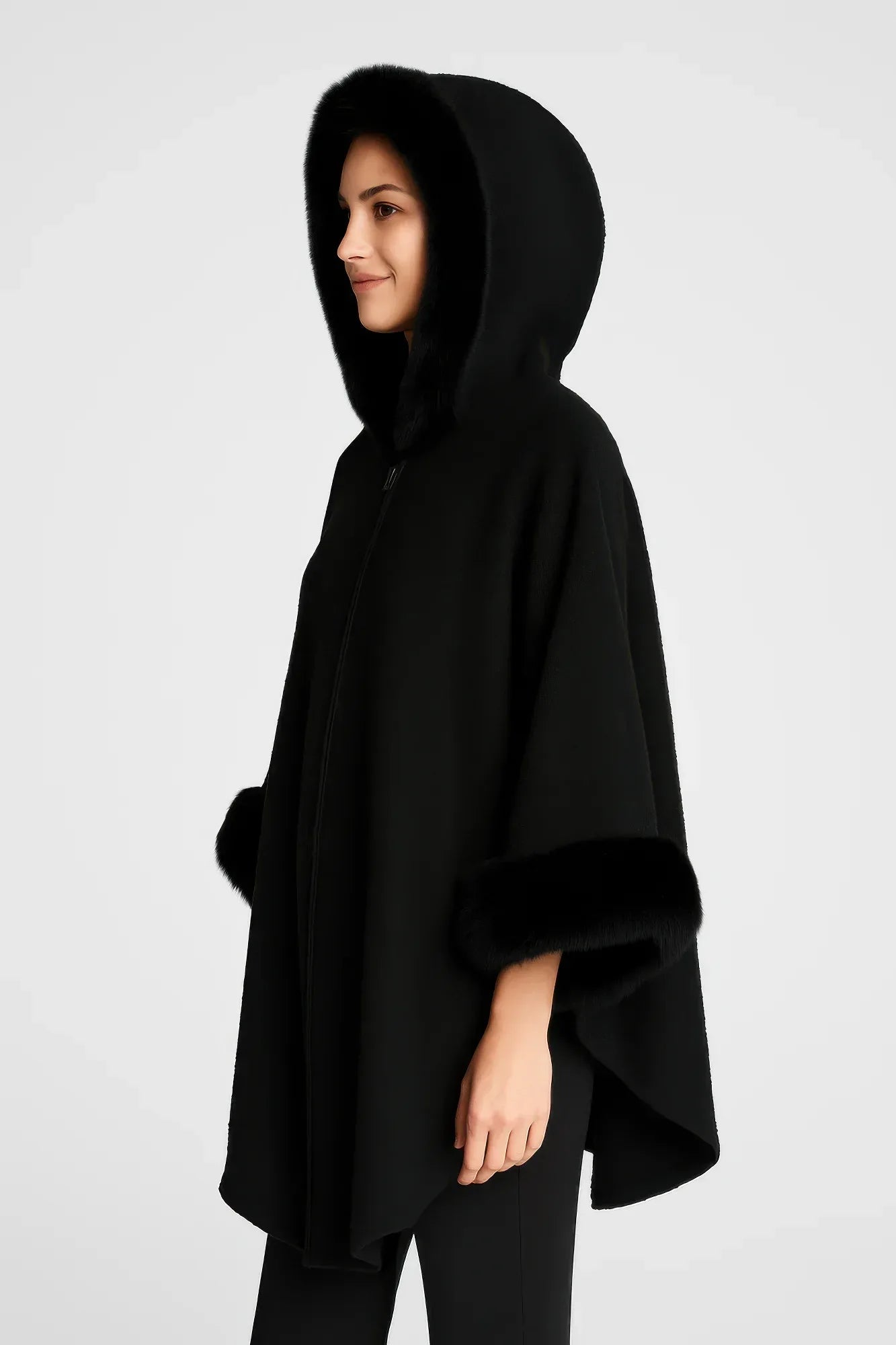 Hooded Faux Fur Trim Cape | Mixtshop LLC