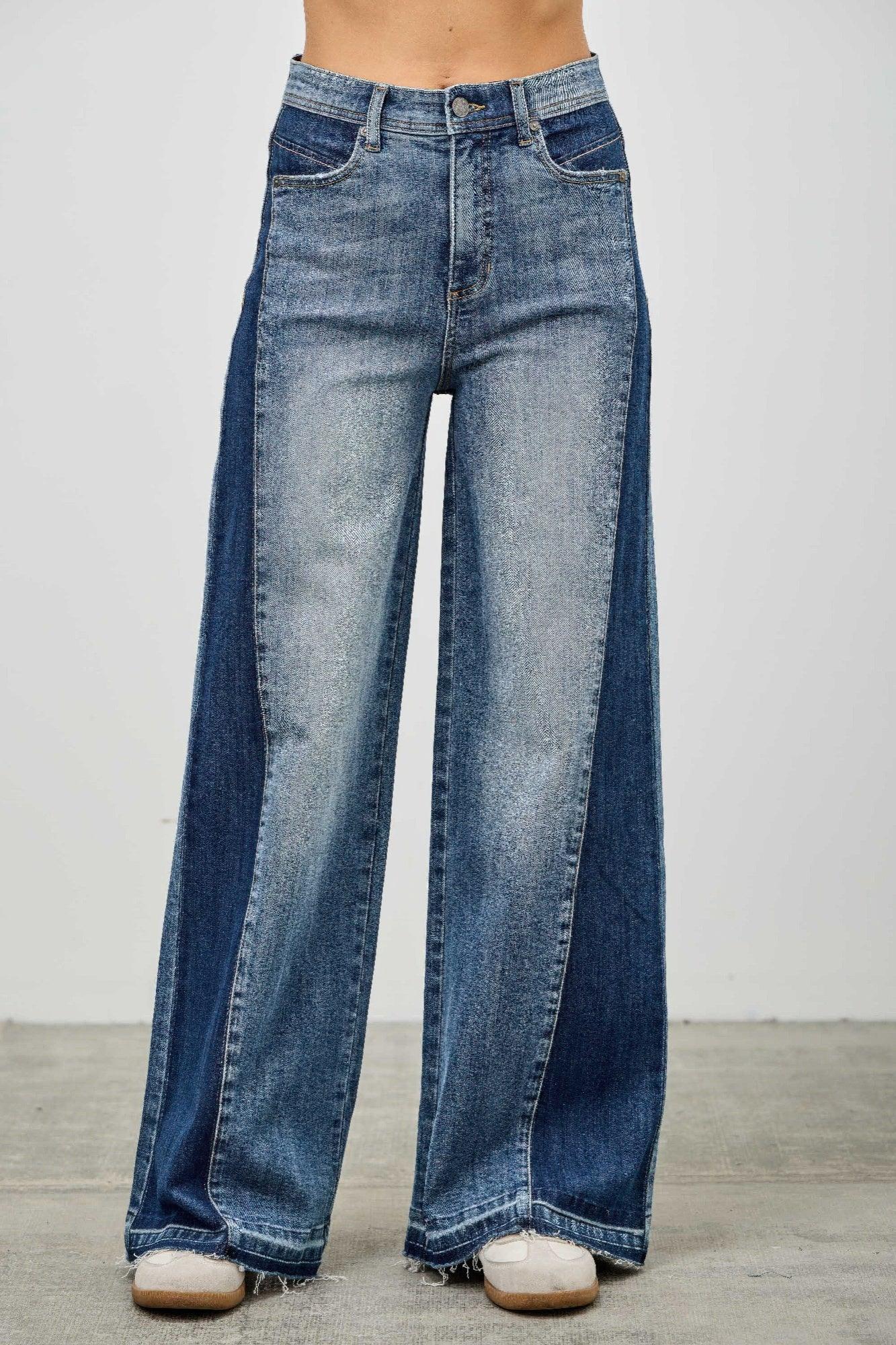 High Rise Wide Leg W/release Hem And Side Contrast | Mixtshop LLC