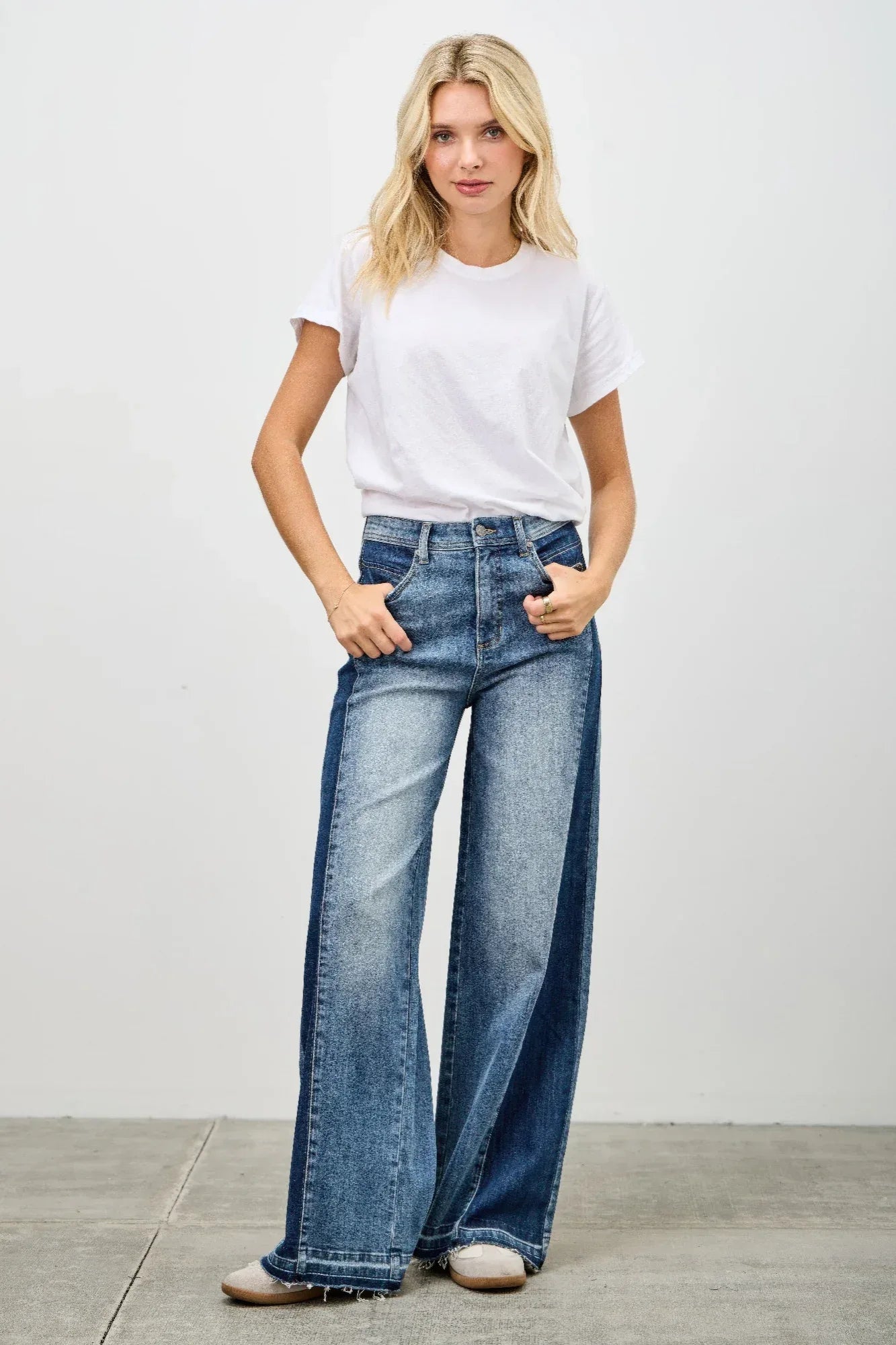 High Rise Wide Leg W/release Hem And Side Contrast | Mixtshop LLC