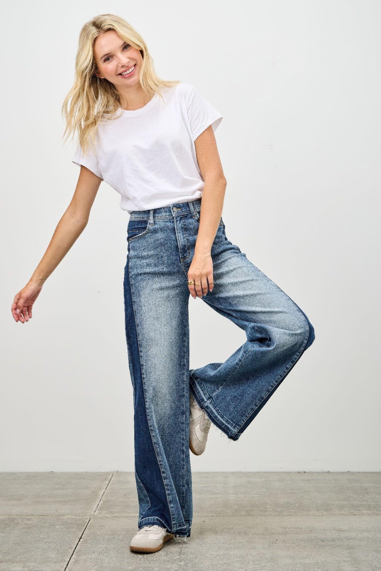 High Rise Wide Leg W/release Hem And Side Contrast | Mixtshop LLC