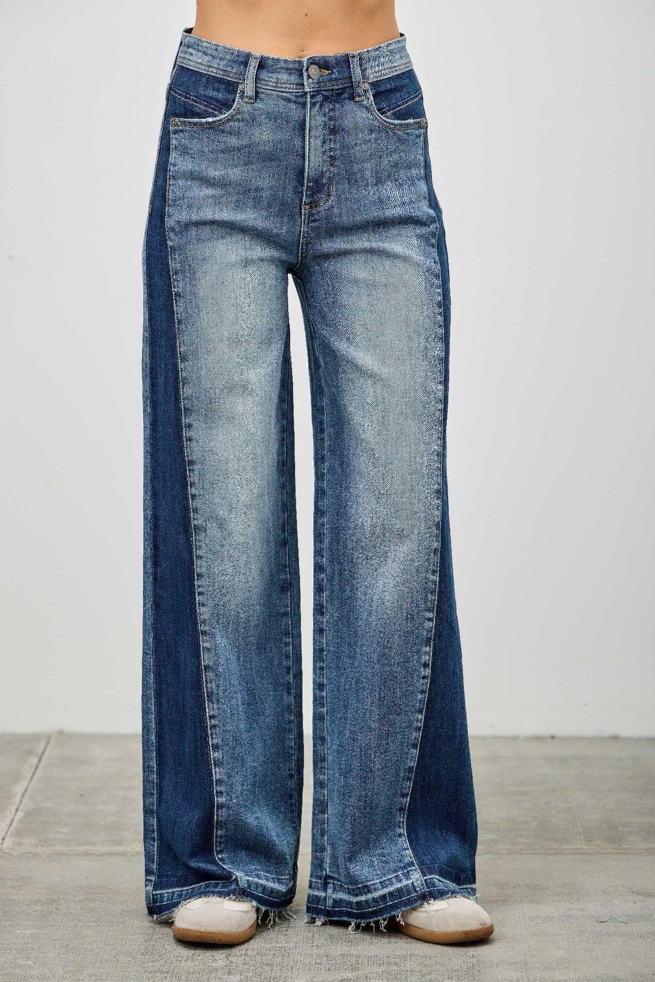 High Rise Wide Leg W/release Hem And Side Contrast | Mixtshop LLC