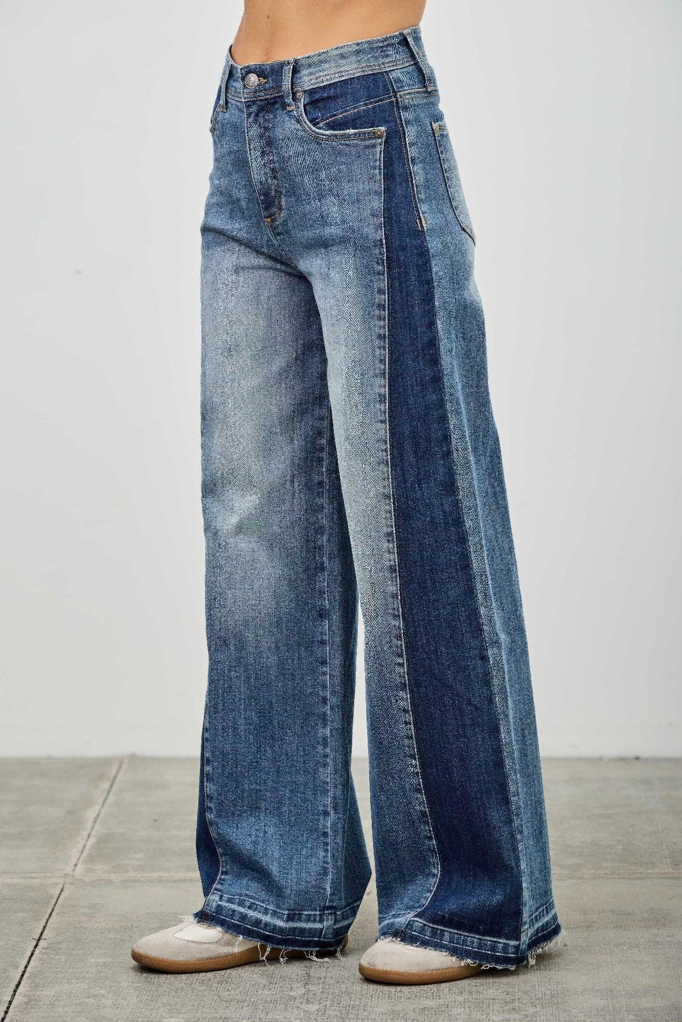 High Rise Wide Leg W/release Hem And Side Contrast | Mixtshop LLC