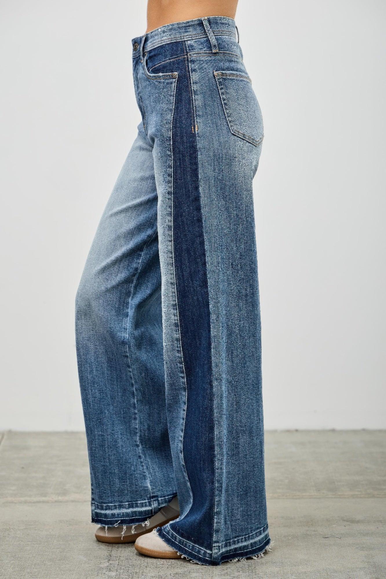 High Rise Wide Leg W/release Hem And Side Contrast | Mixtshop LLC
