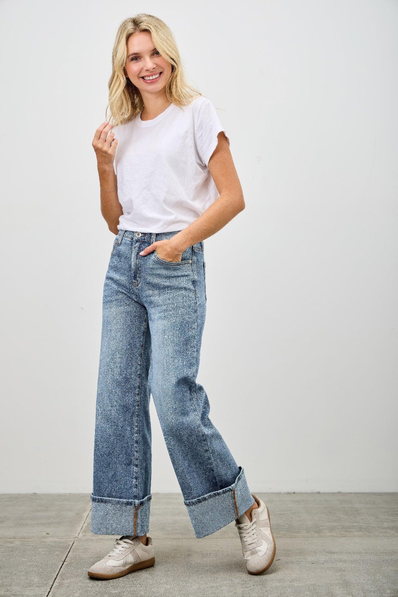 Mid Rise Cuffed Jeans With Stretch | Mixtshop LLC