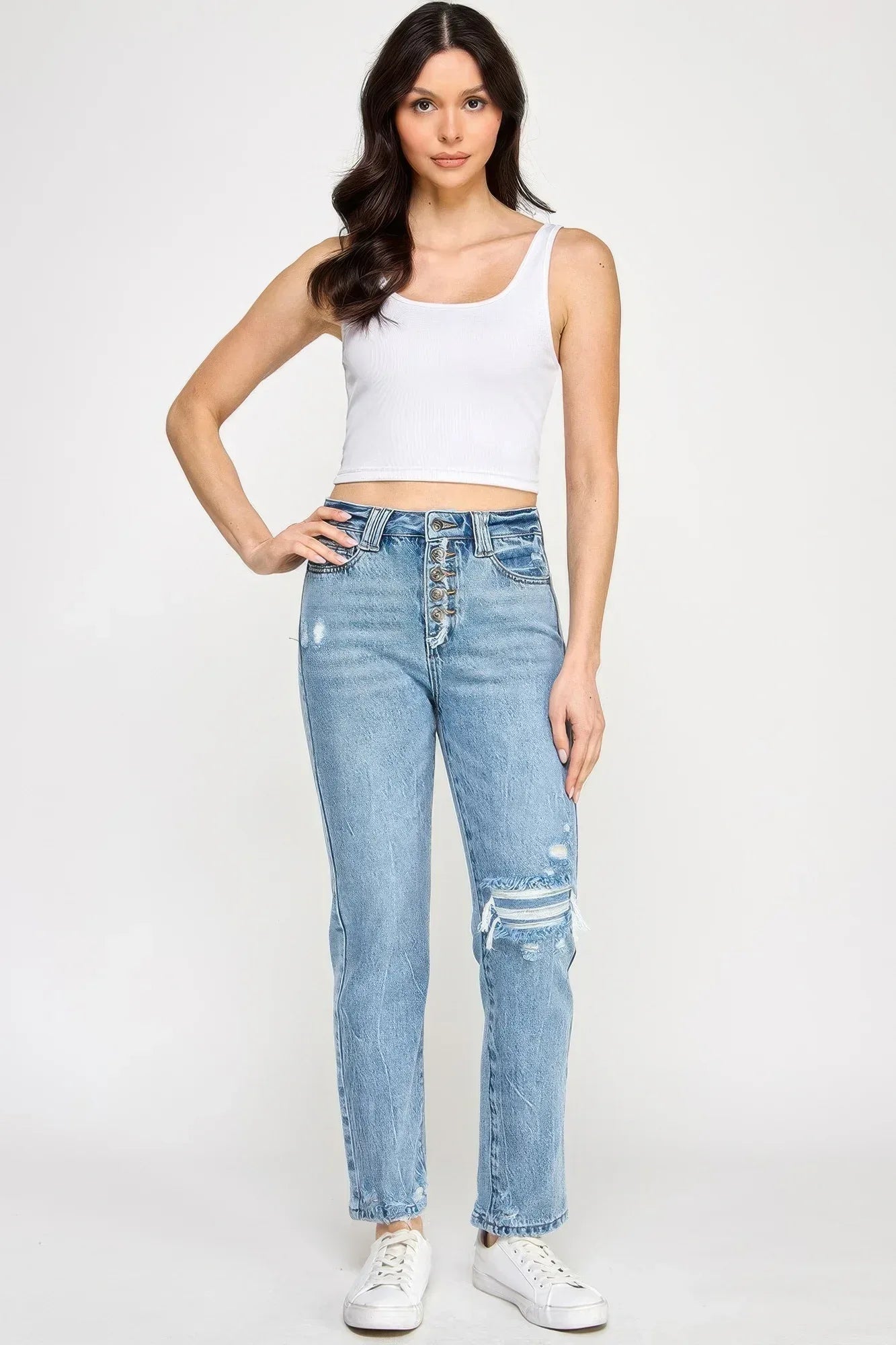 High Rise Button Fly Crop Slim Straight | Mixtshop LLC