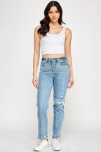 High Rise Button Fly Crop Slim Straight | Mixtshop LLC
