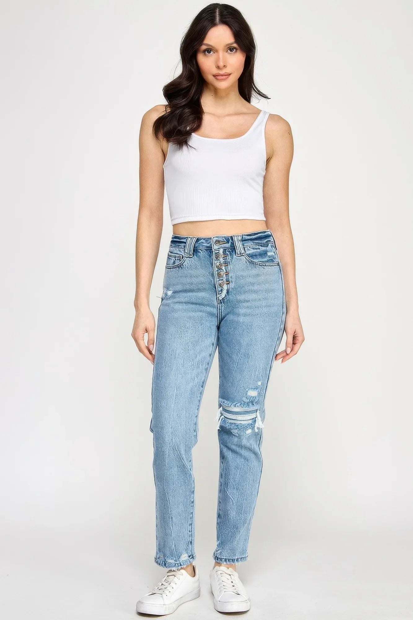 High Rise Button Fly Crop Slim Straight | Mixtshop LLC