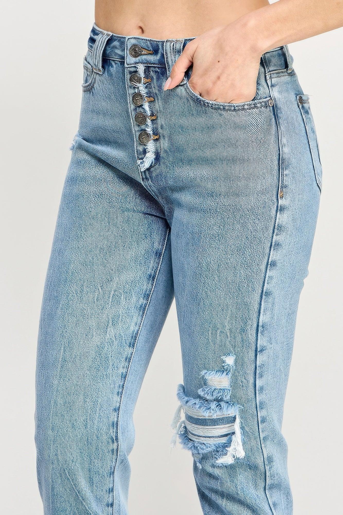 High Rise Button Fly Crop Slim Straight | Mixtshop LLC