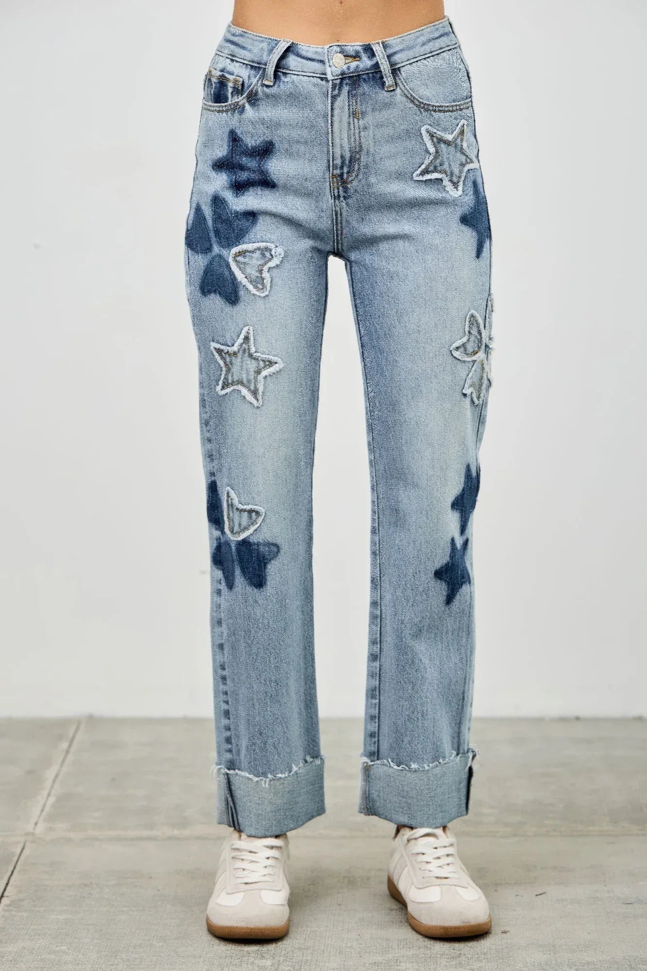 High Rise Star & Heart Patched Dad Jean W/stretch | Mixtshop LLC