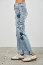 High Rise Star & Heart Patched Dad Jean W/stretch | Mixtshop LLC