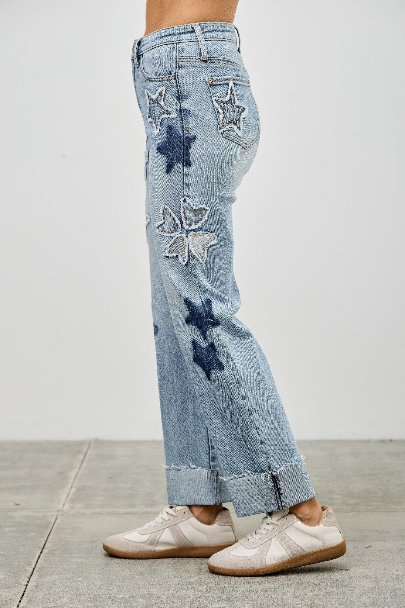 High Rise Star & Heart Patched Dad Jean W/stretch | Mixtshop LLC